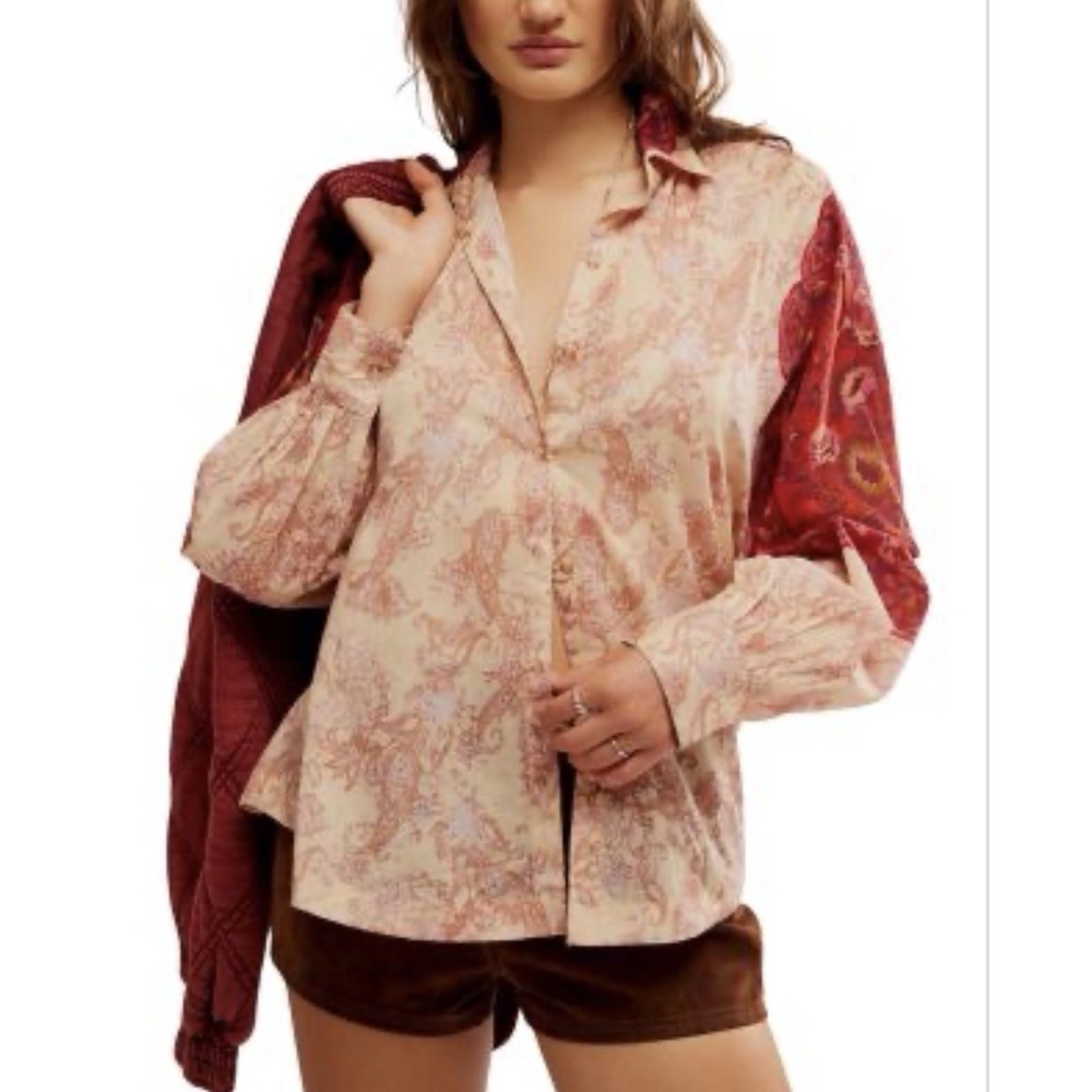 Free People Rose Bud Blouse Women's XS Cotton Button Up Shirt Womens Oversized